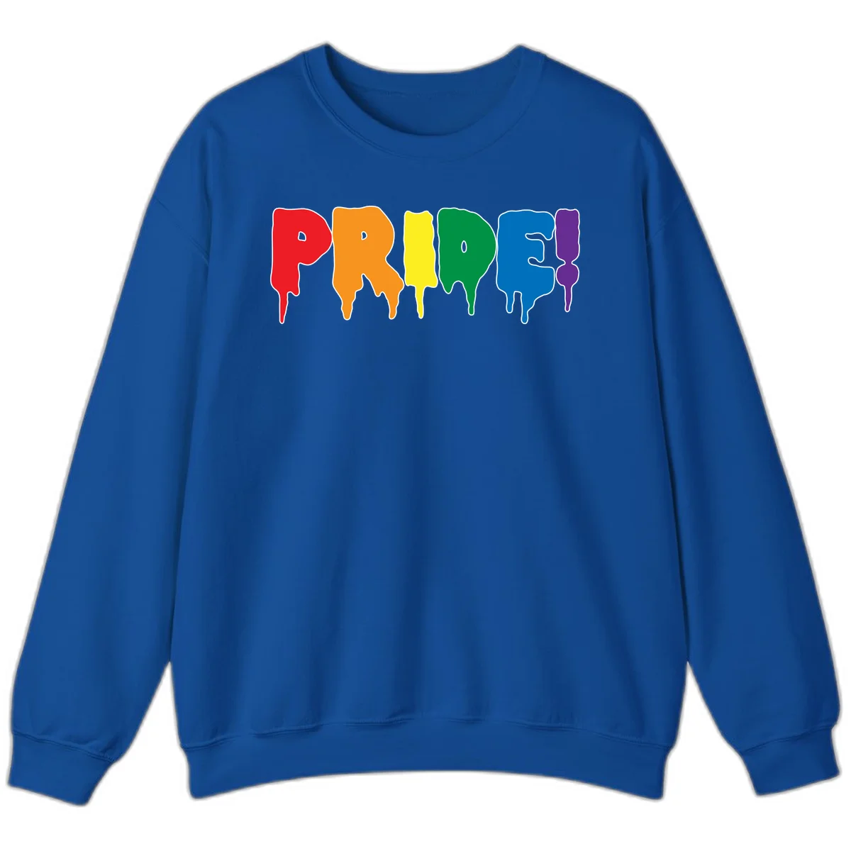 Colorful pride drip rainbow letters spelling PRIDE with melting paint effect in red, orange, yellow, green, blue, and purple in Royal