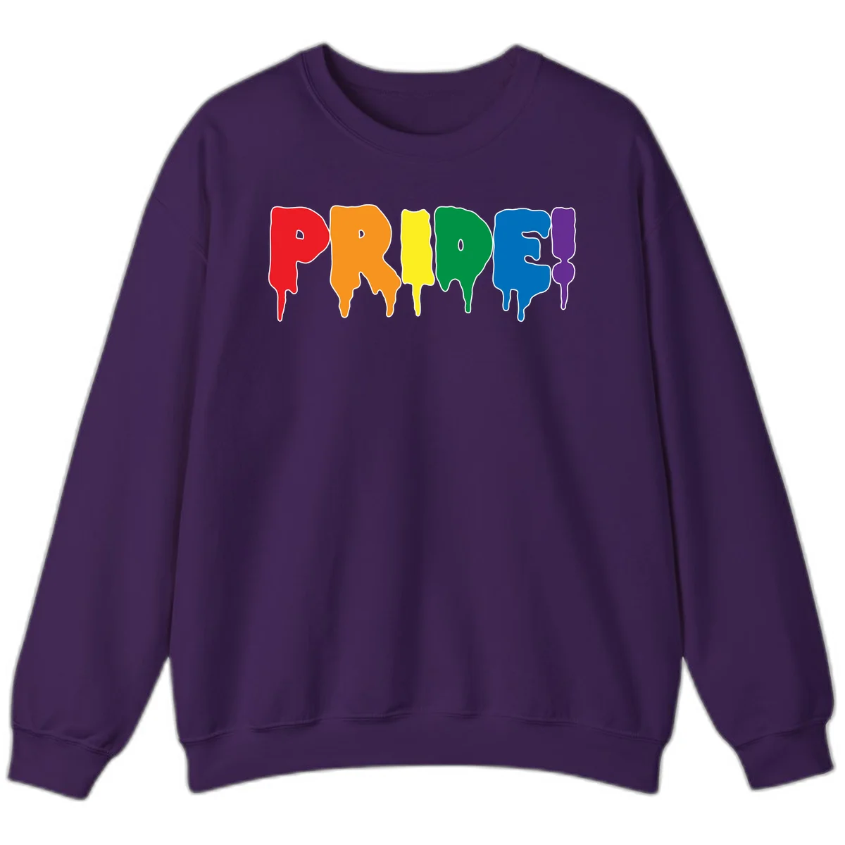 Colorful pride drip rainbow letters spelling PRIDE with melting paint effect in red, orange, yellow, green, blue, and purple in Purple