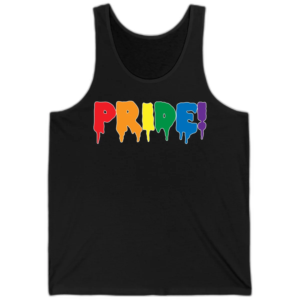 Colorful pride drip rainbow letters spelling PRIDE with melting paint effect in red, orange, yellow, green, blue, and purple in Black