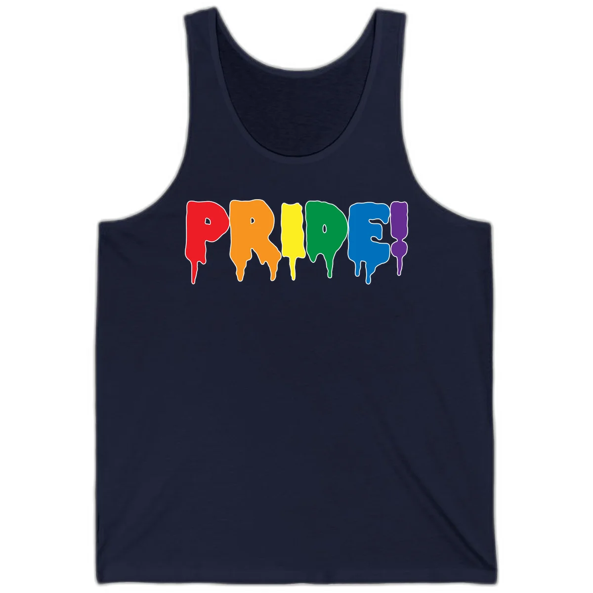 Colorful pride drip rainbow letters spelling PRIDE with melting paint effect in red, orange, yellow, green, blue, and purple in Navy