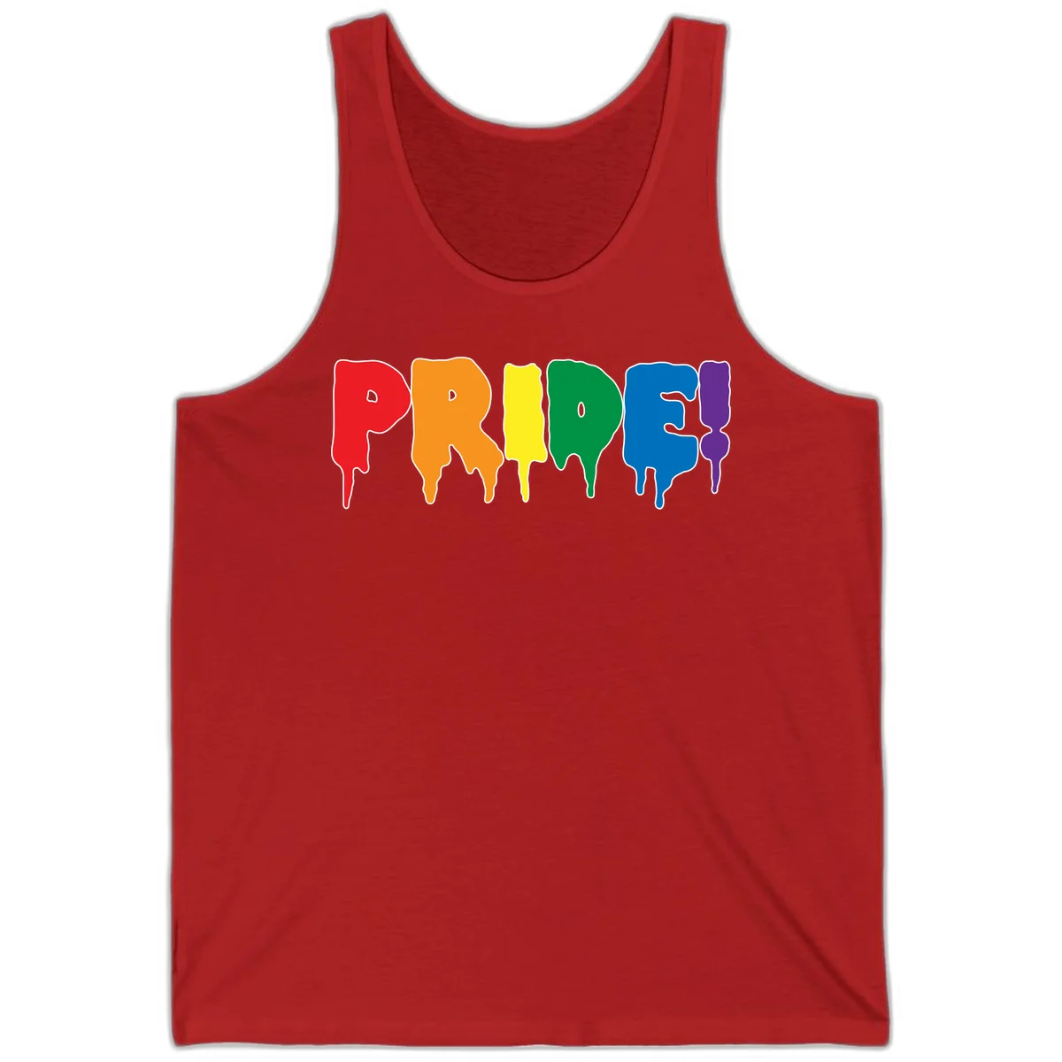 Colorful pride drip rainbow letters spelling PRIDE with melting paint effect in red, orange, yellow, green, blue, and purple in Red