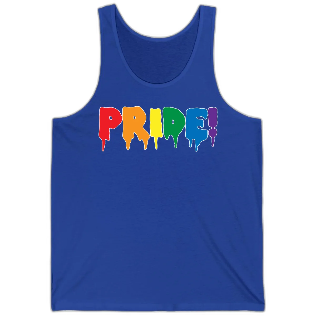 Colorful pride drip rainbow letters spelling PRIDE with melting paint effect in red, orange, yellow, green, blue, and purple in True Royal