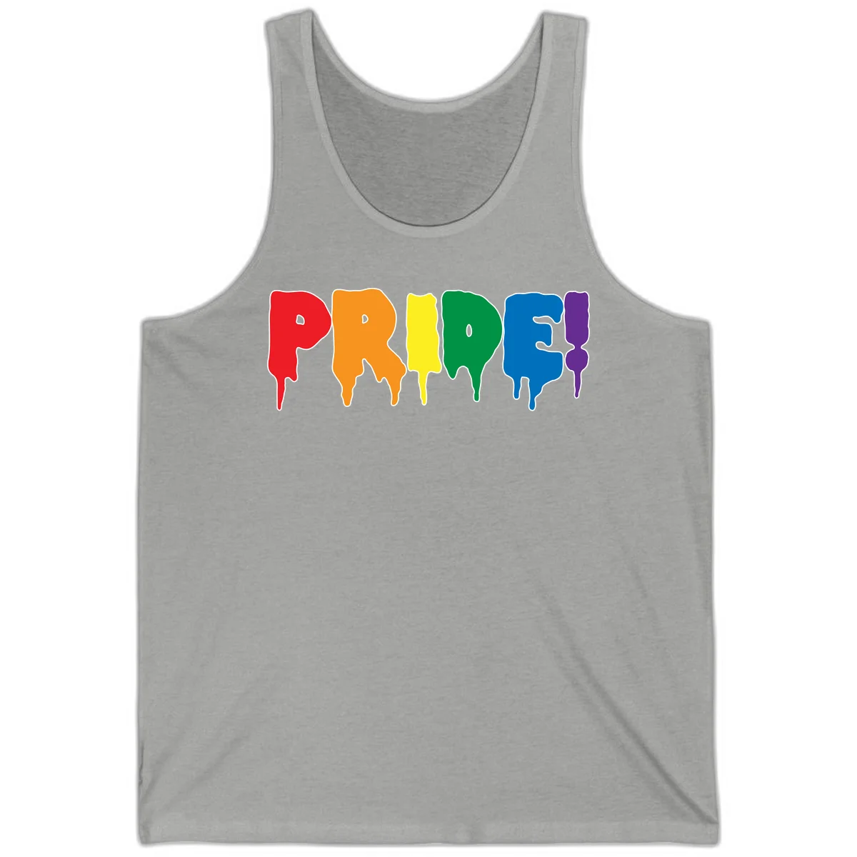 Colorful pride drip rainbow letters spelling PRIDE with melting paint effect in red, orange, yellow, green, blue, and purple in Athletic Heather