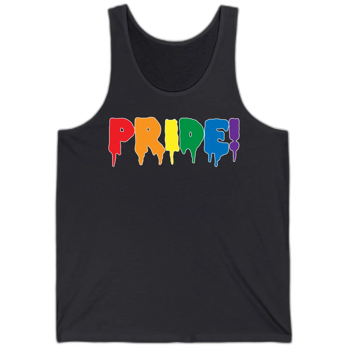 Colorful pride drip rainbow letters spelling PRIDE with melting paint effect in red, orange, yellow, green, blue, and purple in Dark Grey