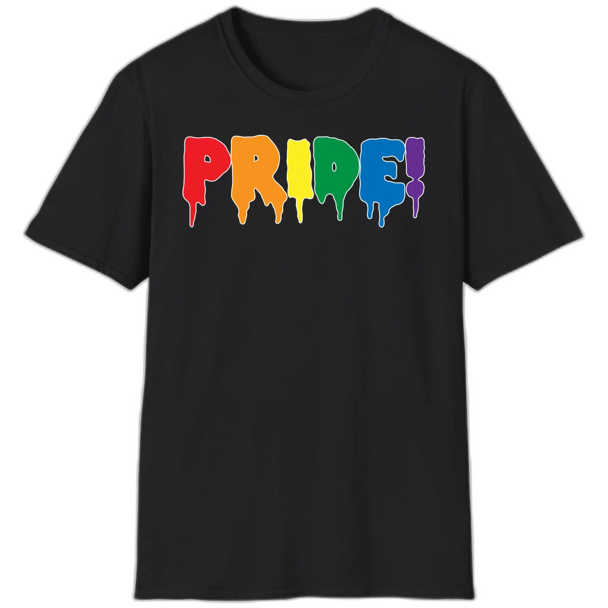 Colorful pride drip rainbow letters spelling PRIDE with melting paint effect in red, orange, yellow, green, blue, and purple in Black