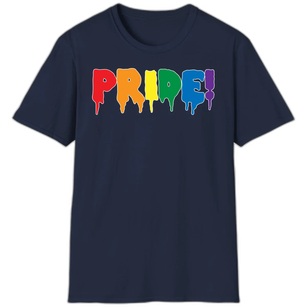 Colorful pride drip rainbow letters spelling PRIDE with melting paint effect in red, orange, yellow, green, blue, and purple in Navy