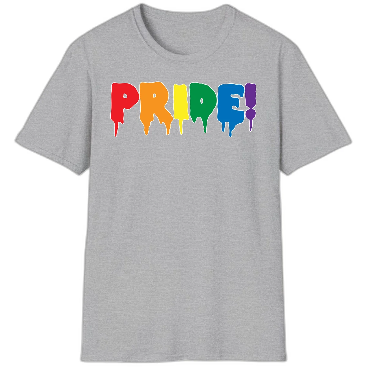 Colorful pride drip rainbow letters spelling PRIDE with melting paint effect in red, orange, yellow, green, blue, and purple in Sport Grey