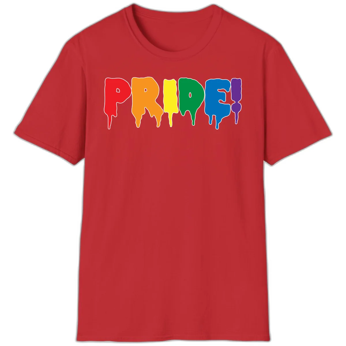 Colorful pride drip rainbow letters spelling PRIDE with melting paint effect in red, orange, yellow, green, blue, and purple in Red
