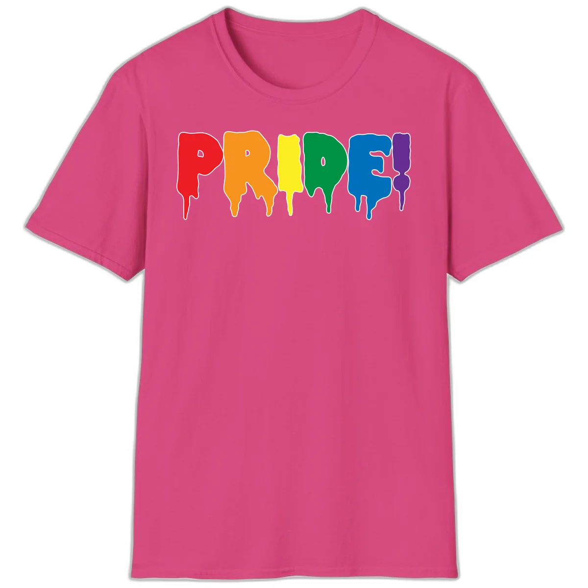 Colorful pride drip rainbow letters spelling PRIDE with melting paint effect in red, orange, yellow, green, blue, and purple in Heliconia