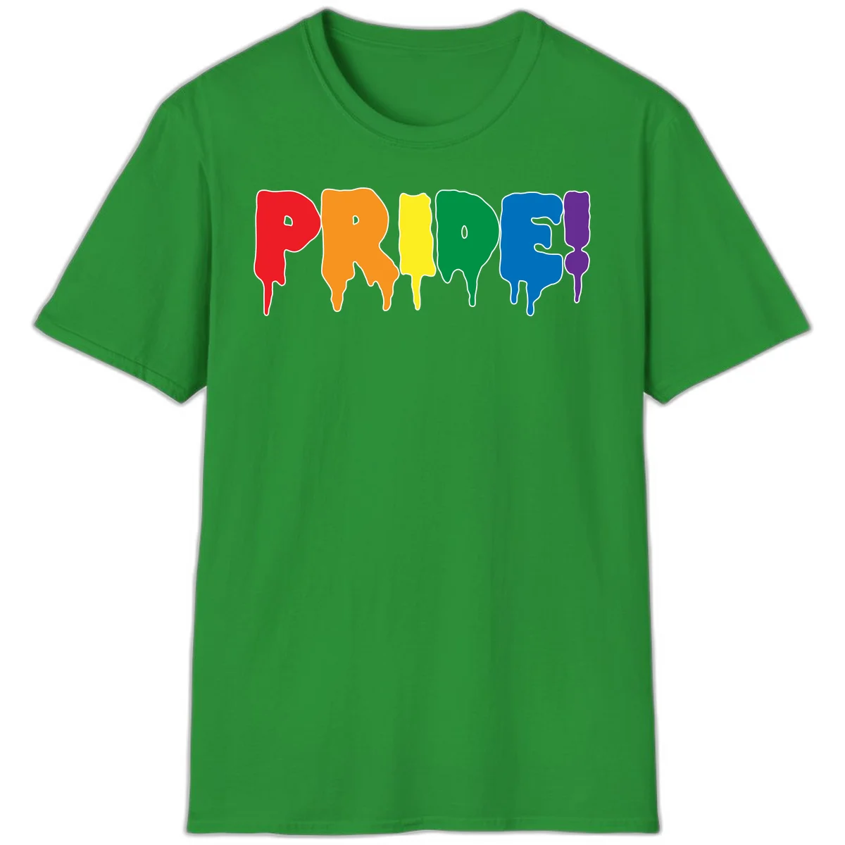 Colorful pride drip rainbow letters spelling PRIDE with melting paint effect in red, orange, yellow, green, blue, and purple in Irish Green
