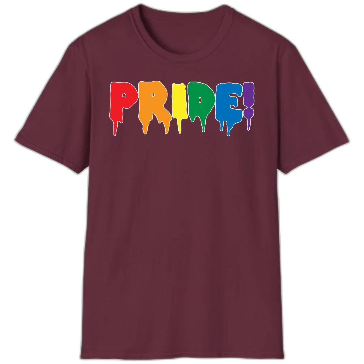 Colorful pride drip rainbow letters spelling PRIDE with melting paint effect in red, orange, yellow, green, blue, and purple in Maroon