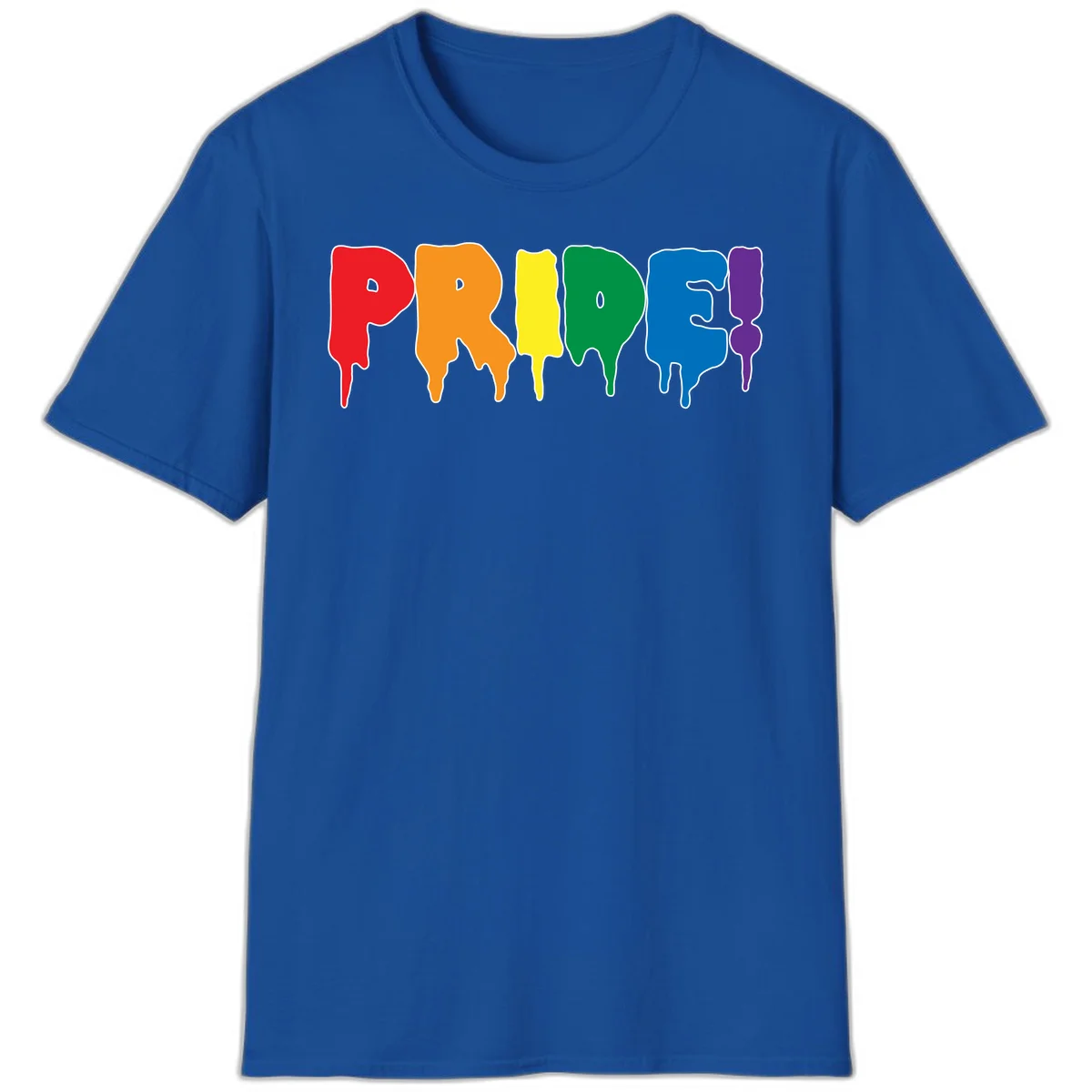 Colorful pride drip rainbow letters spelling PRIDE with melting paint effect in red, orange, yellow, green, blue, and purple in Royal