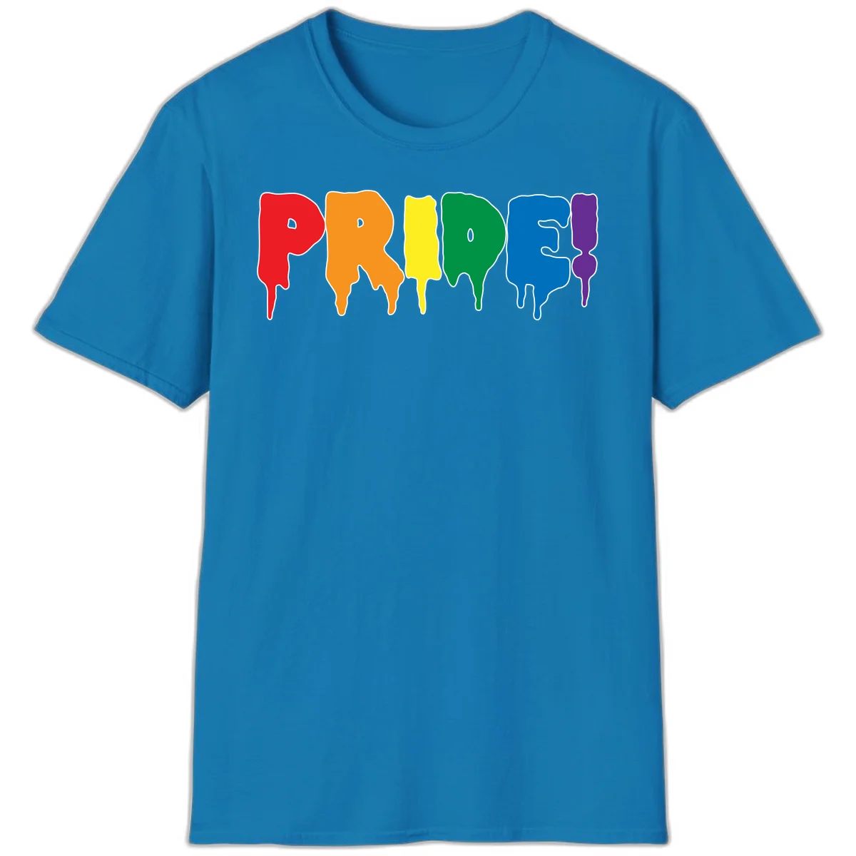 Colorful pride drip rainbow letters spelling PRIDE with melting paint effect in red, orange, yellow, green, blue, and purple in Sapphire