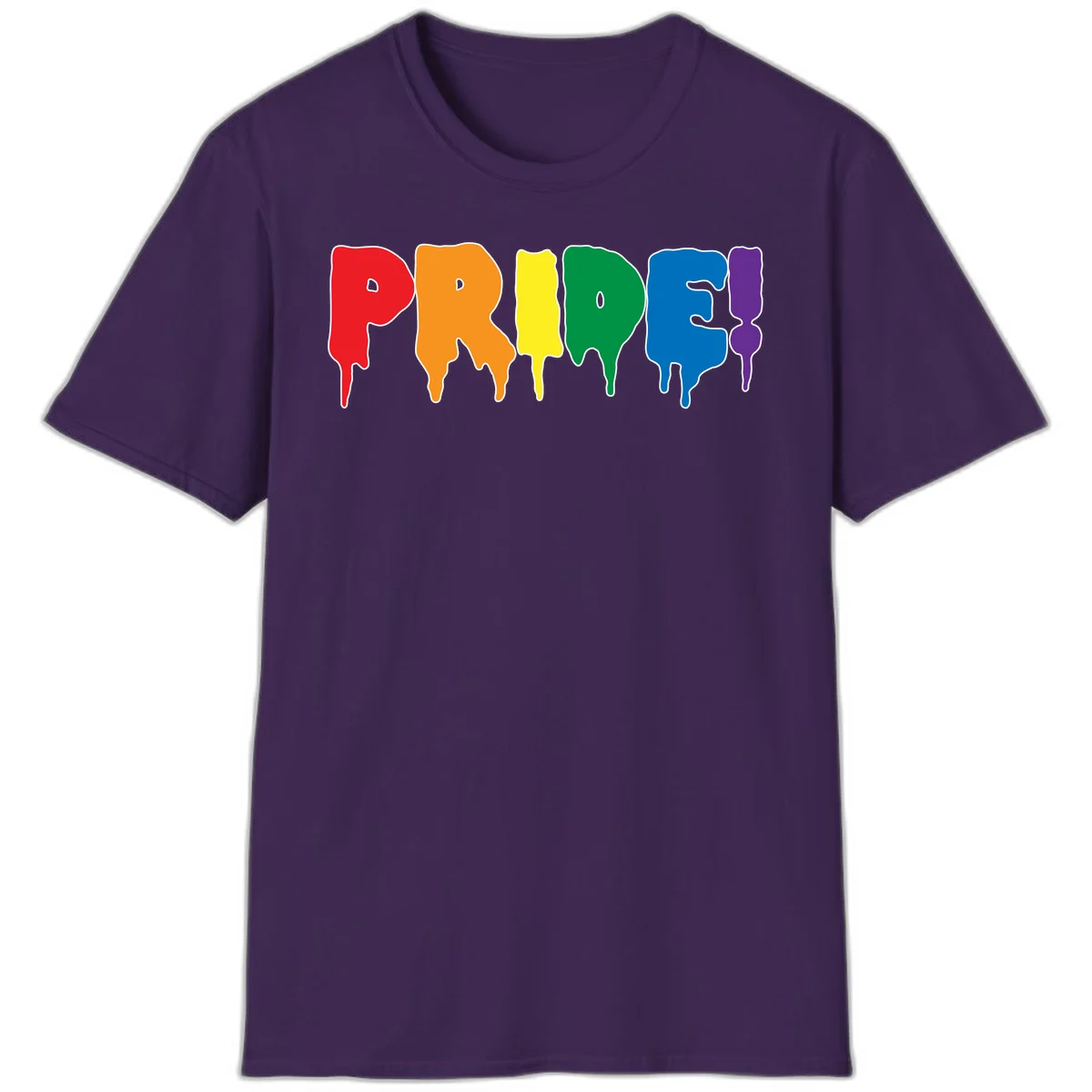 Colorful pride drip rainbow letters spelling PRIDE with melting paint effect in red, orange, yellow, green, blue, and purple in Purple