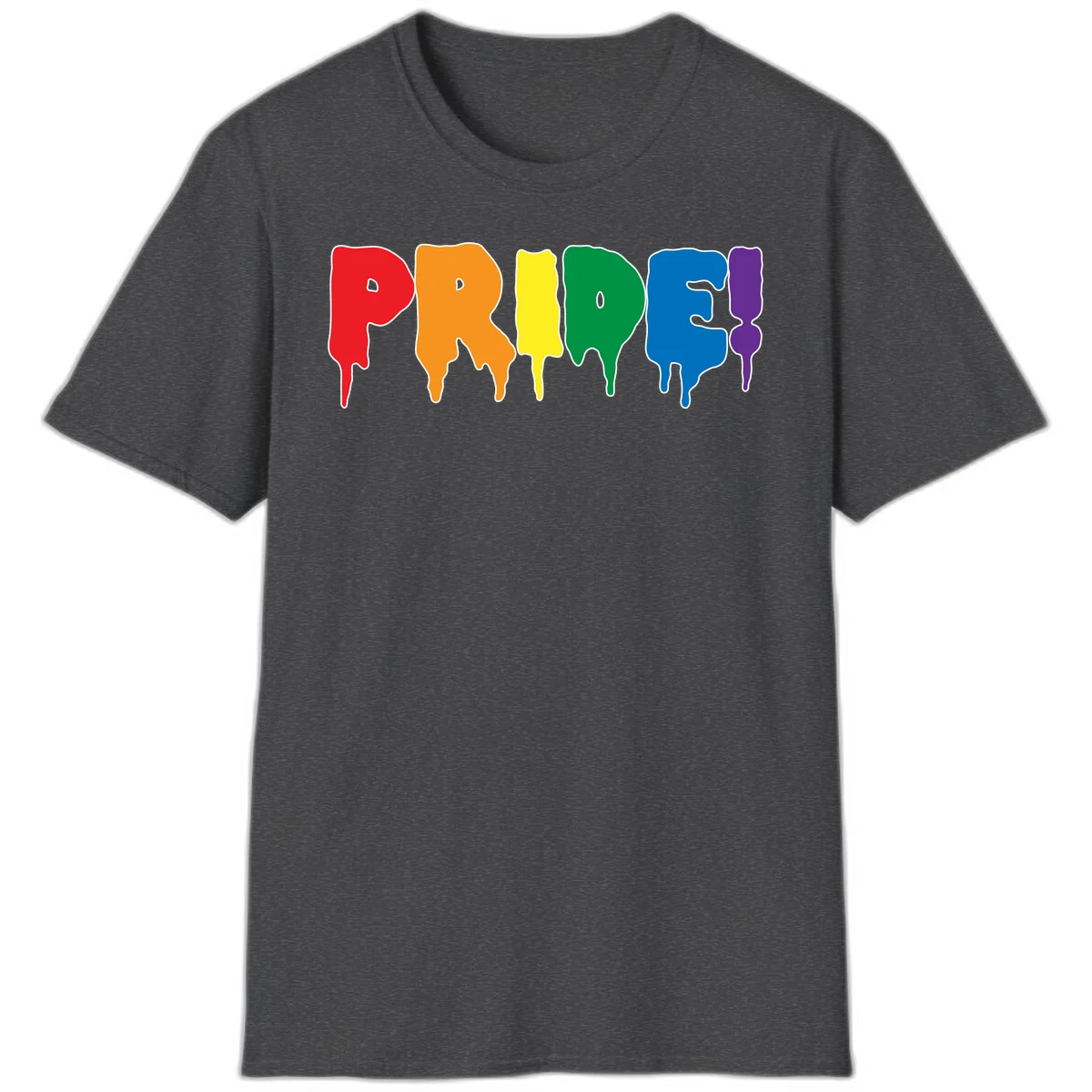 Colorful pride drip rainbow letters spelling PRIDE with melting paint effect in red, orange, yellow, green, blue, and purple in Dark Heather
