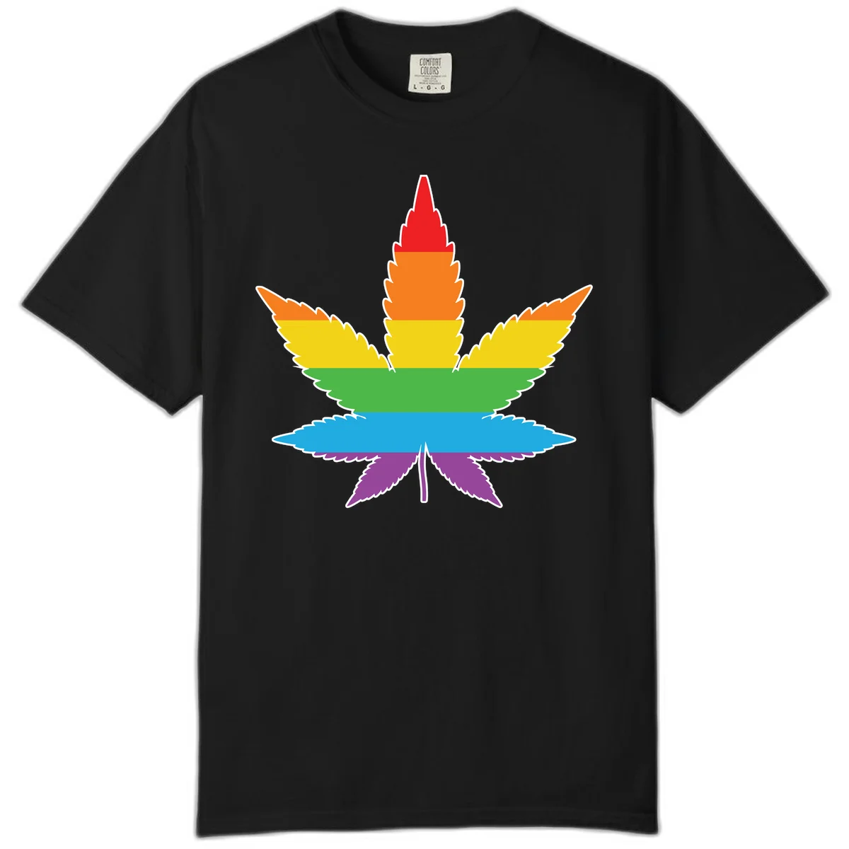 Rainbow-striped cannabis leaf with red, orange, yellow, green, blue, and purple horizontal bands and white outline in Black
