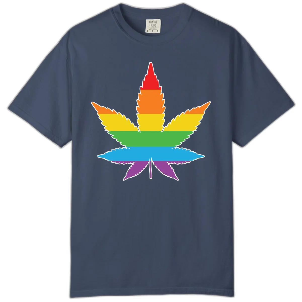 Rainbow-striped cannabis leaf with red, orange, yellow, green, blue, and purple horizontal bands and white outline in Midnight