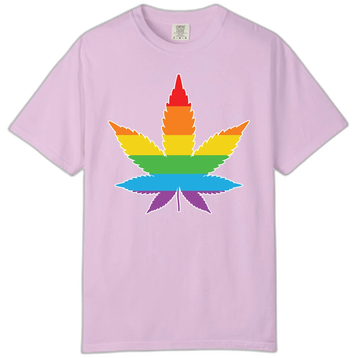 Rainbow-striped cannabis leaf with red, orange, yellow, green, blue, and purple horizontal bands and white outline in Orchid