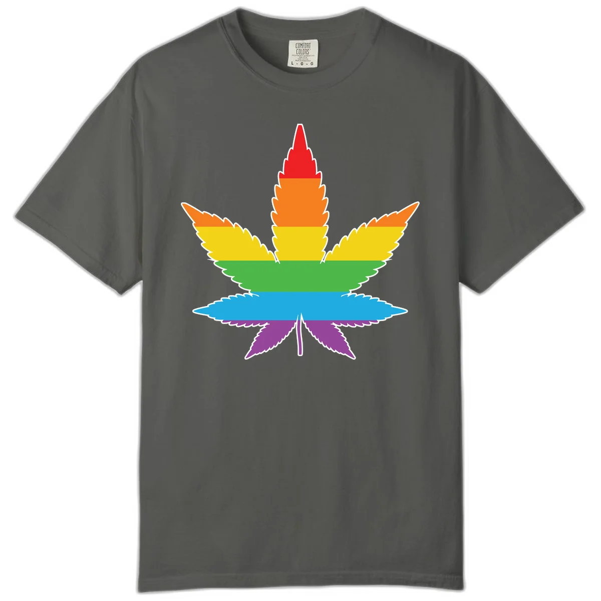 Rainbow-striped cannabis leaf with red, orange, yellow, green, blue, and purple horizontal bands and white outline in Pepper