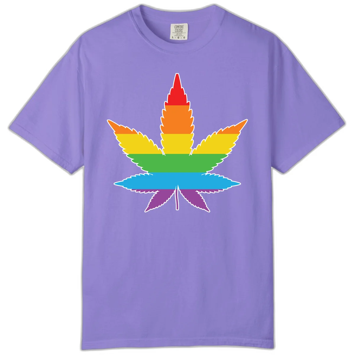 Rainbow-striped cannabis leaf with red, orange, yellow, green, blue, and purple horizontal bands and white outline in Violet