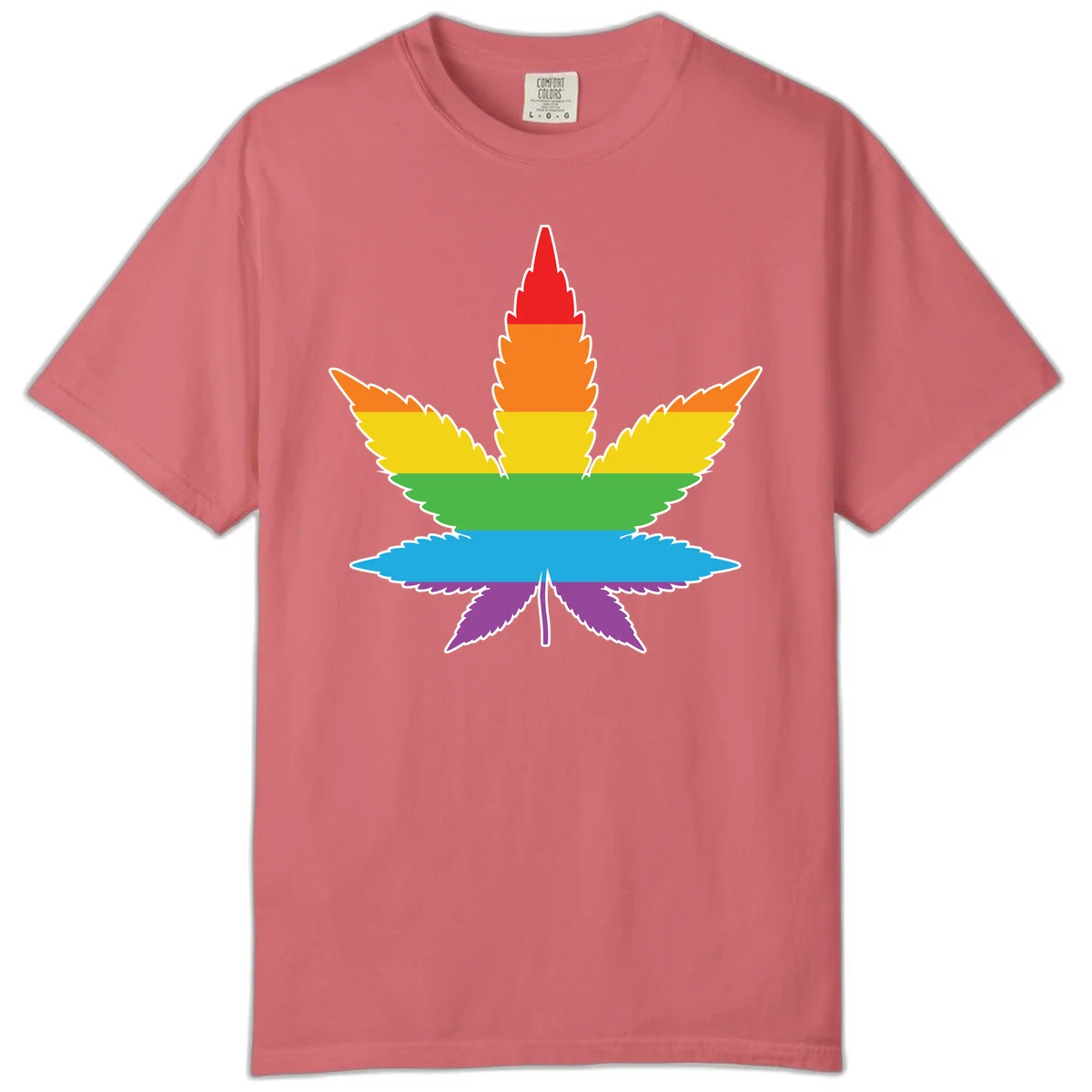 Rainbow-striped cannabis leaf with red, orange, yellow, green, blue, and purple horizontal bands and white outline in Watermelon