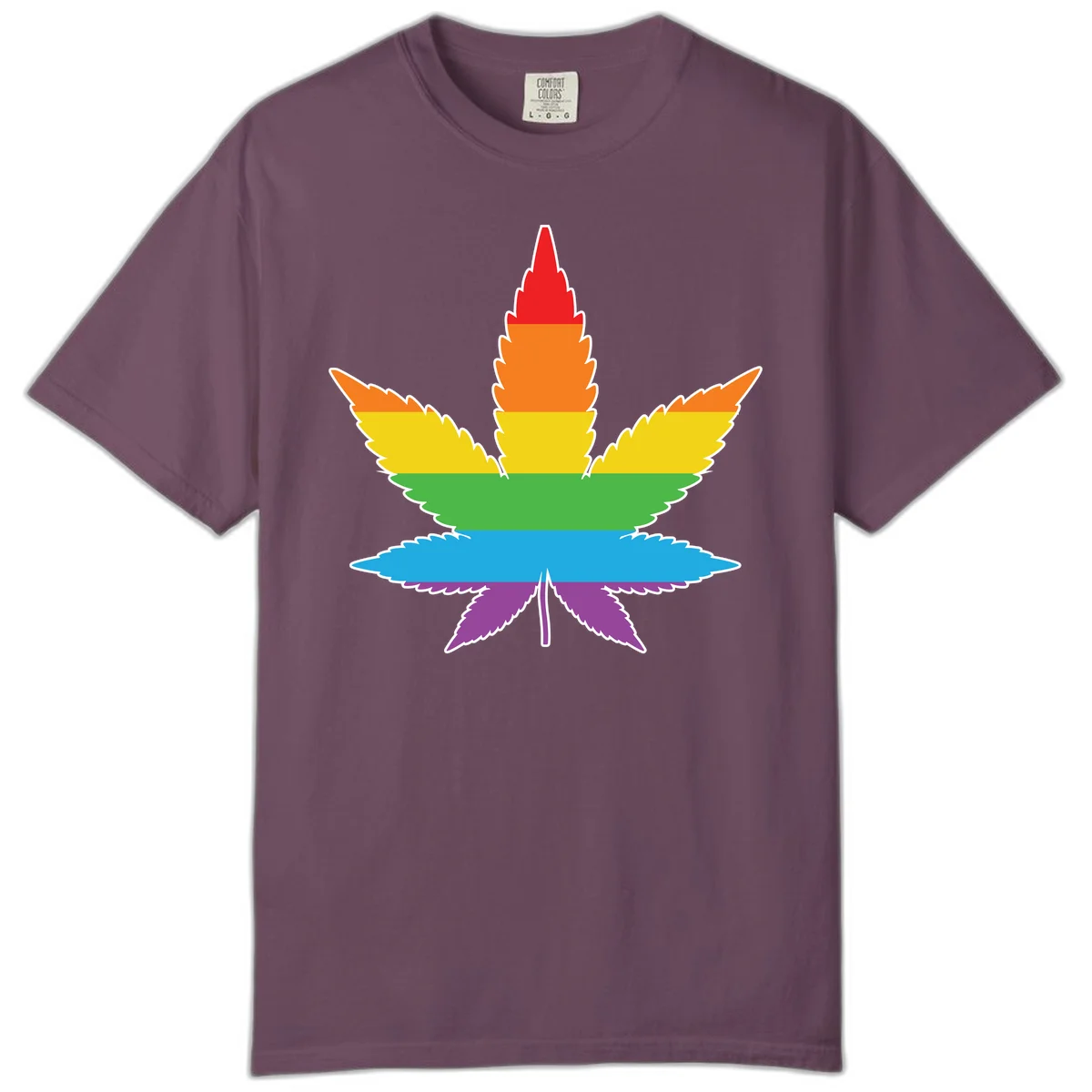 Rainbow-striped cannabis leaf with red, orange, yellow, green, blue, and purple horizontal bands and white outline in Berry