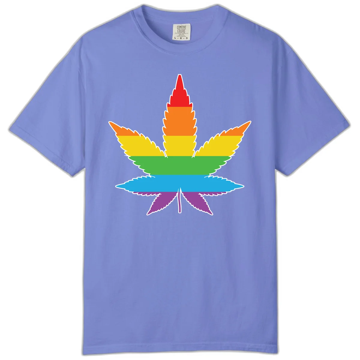 Rainbow-striped cannabis leaf with red, orange, yellow, green, blue, and purple horizontal bands and white outline in Flo Blue