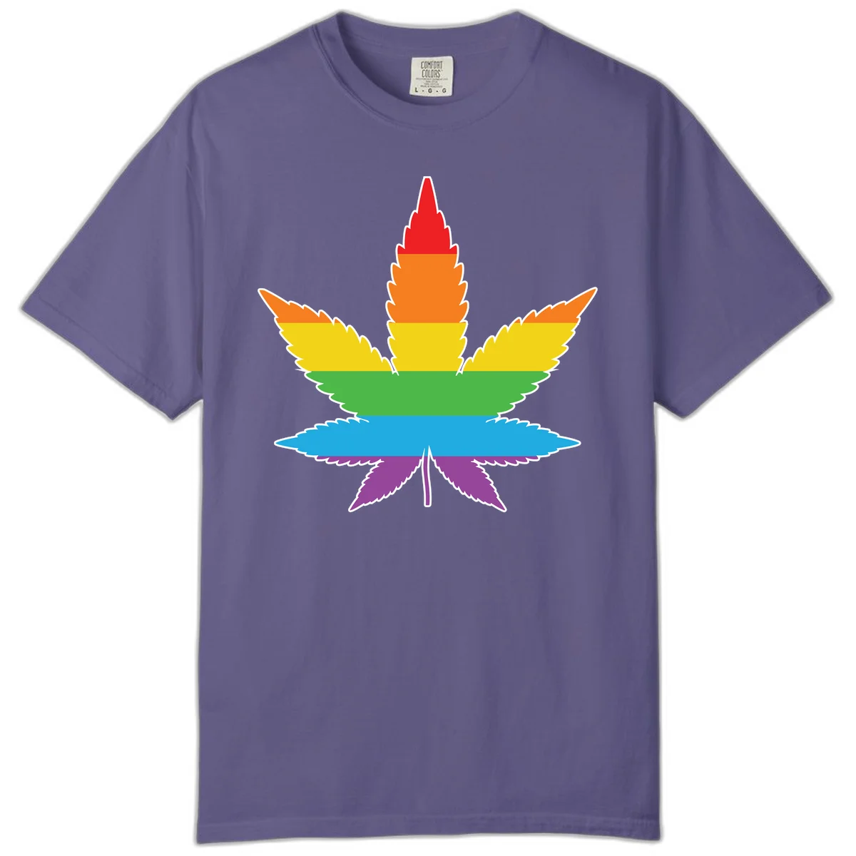 Rainbow-striped cannabis leaf with red, orange, yellow, green, blue, and purple horizontal bands and white outline in Grape