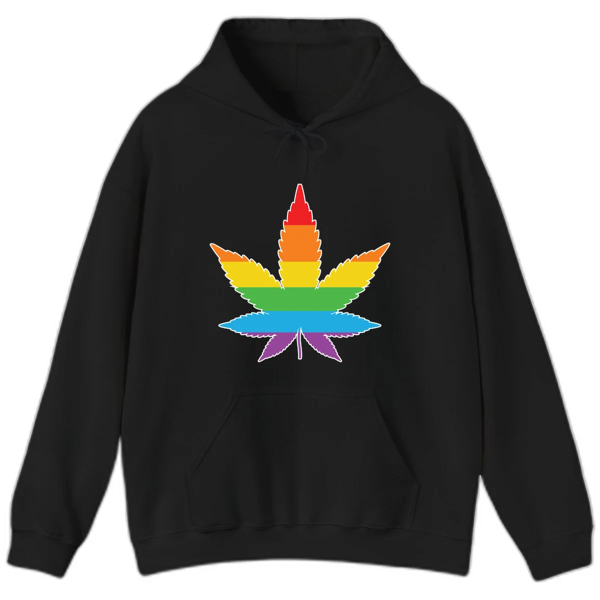 Rainbow-striped cannabis leaf with red, orange, yellow, green, blue, and purple horizontal bands and white outline in Black