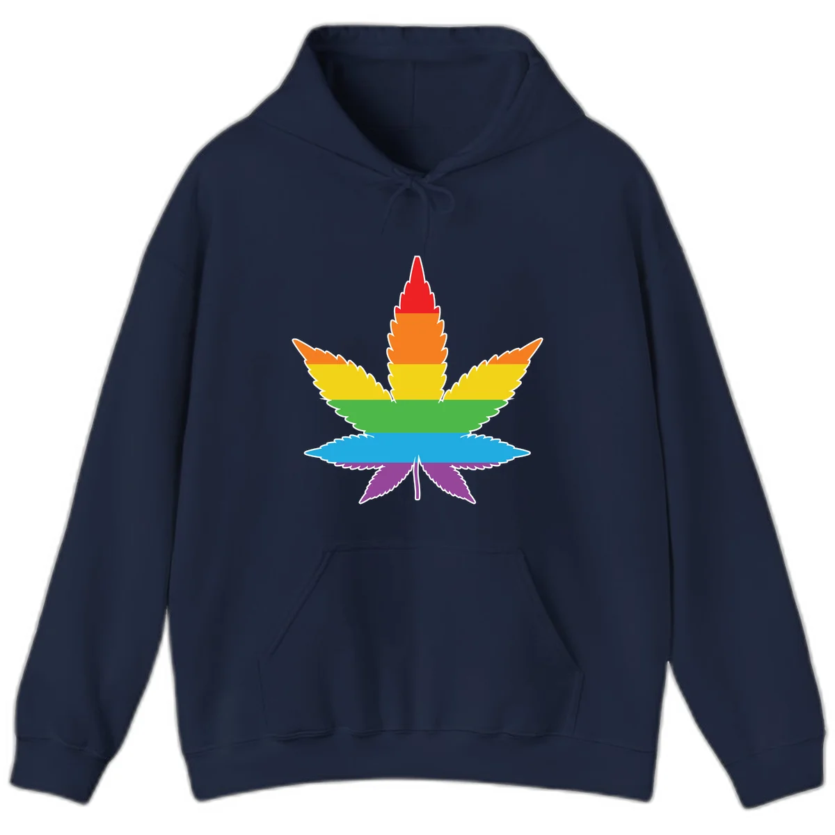 Rainbow-striped cannabis leaf with red, orange, yellow, green, blue, and purple horizontal bands and white outline in Navy
