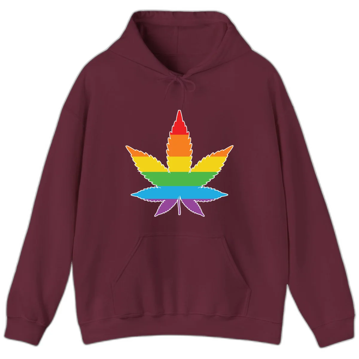 Rainbow-striped cannabis leaf with red, orange, yellow, green, blue, and purple horizontal bands and white outline in Maroon