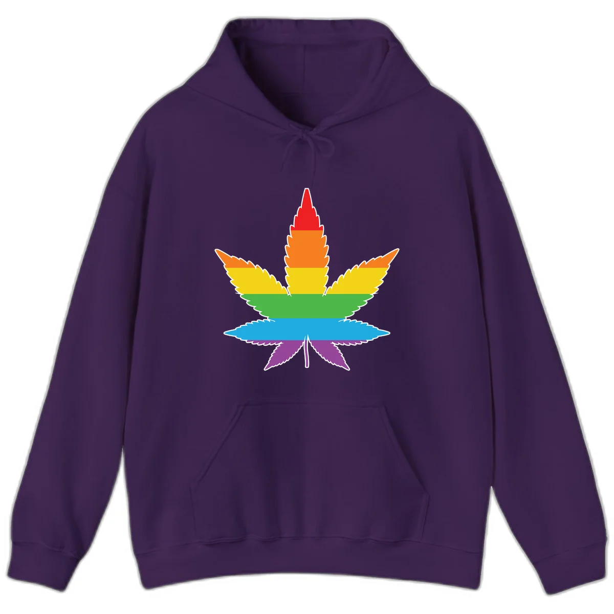 Rainbow-striped cannabis leaf with red, orange, yellow, green, blue, and purple horizontal bands and white outline in Purple