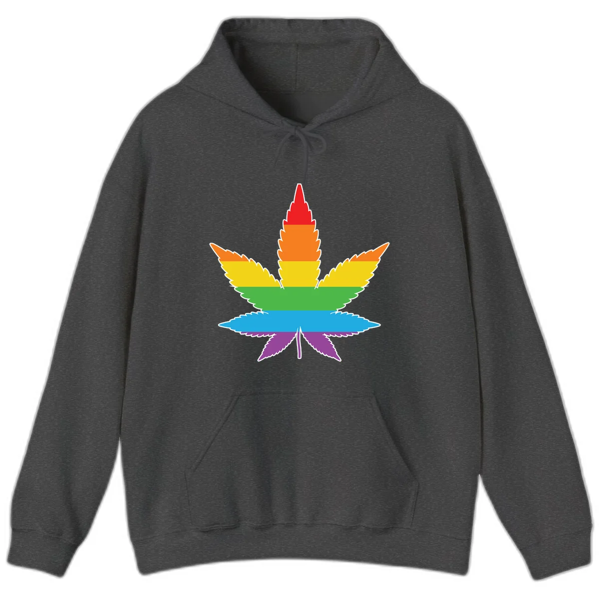 Rainbow-striped cannabis leaf with red, orange, yellow, green, blue, and purple horizontal bands and white outline in Dark Heather