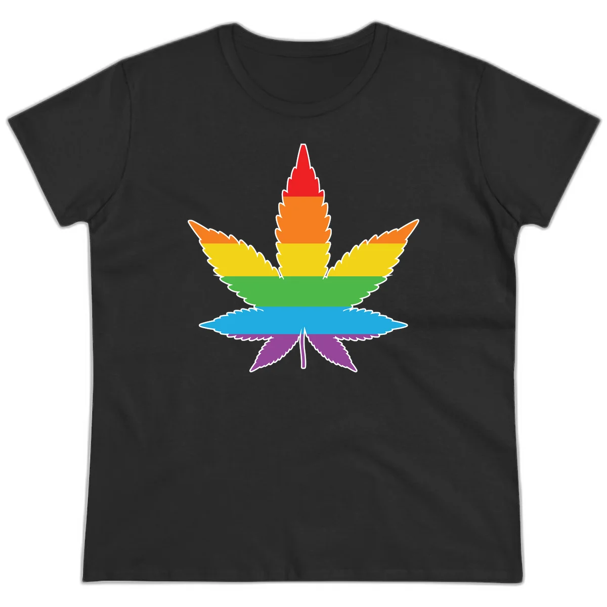Rainbow-striped cannabis leaf with red, orange, yellow, green, blue, and purple horizontal bands and white outline in Black