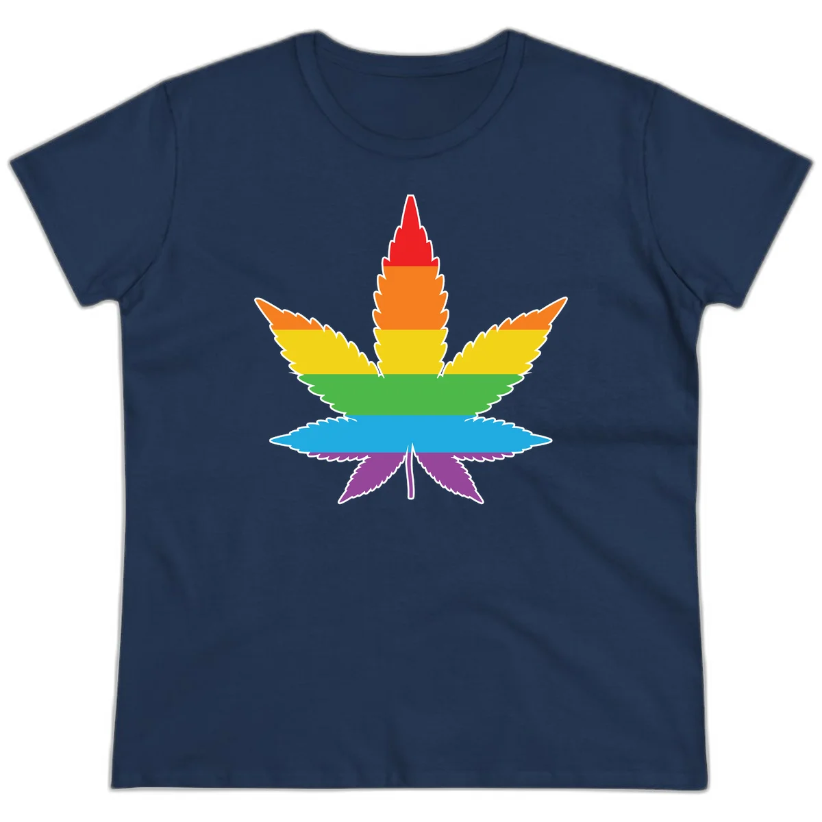 Rainbow-striped cannabis leaf with red, orange, yellow, green, blue, and purple horizontal bands and white outline in Navy