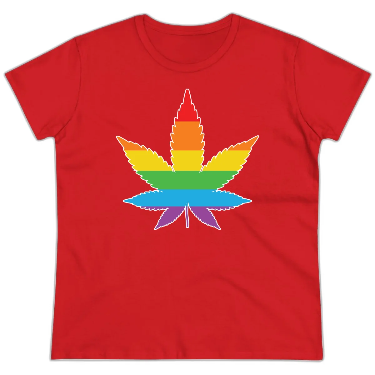 Rainbow-striped cannabis leaf with red, orange, yellow, green, blue, and purple horizontal bands and white outline in Red