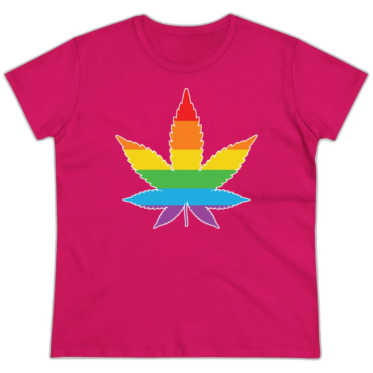 Rainbow-striped cannabis leaf with red, orange, yellow, green, blue, and purple horizontal bands and white outline in Heliconia