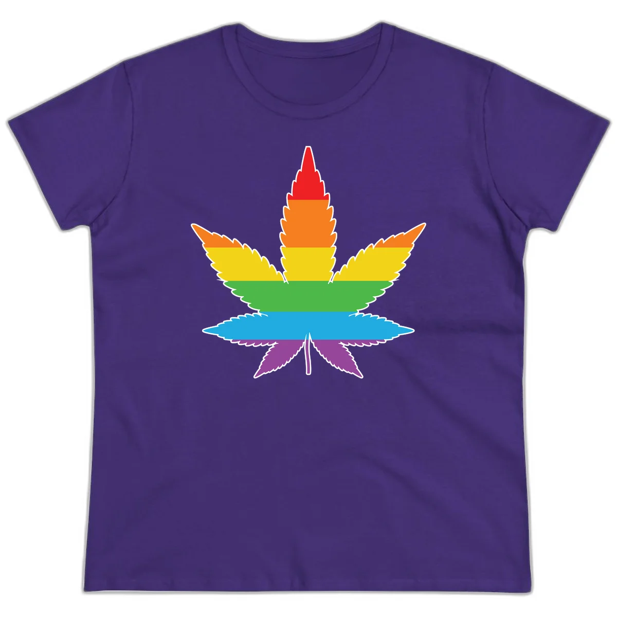 Rainbow-striped cannabis leaf with red, orange, yellow, green, blue, and purple horizontal bands and white outline in Purple