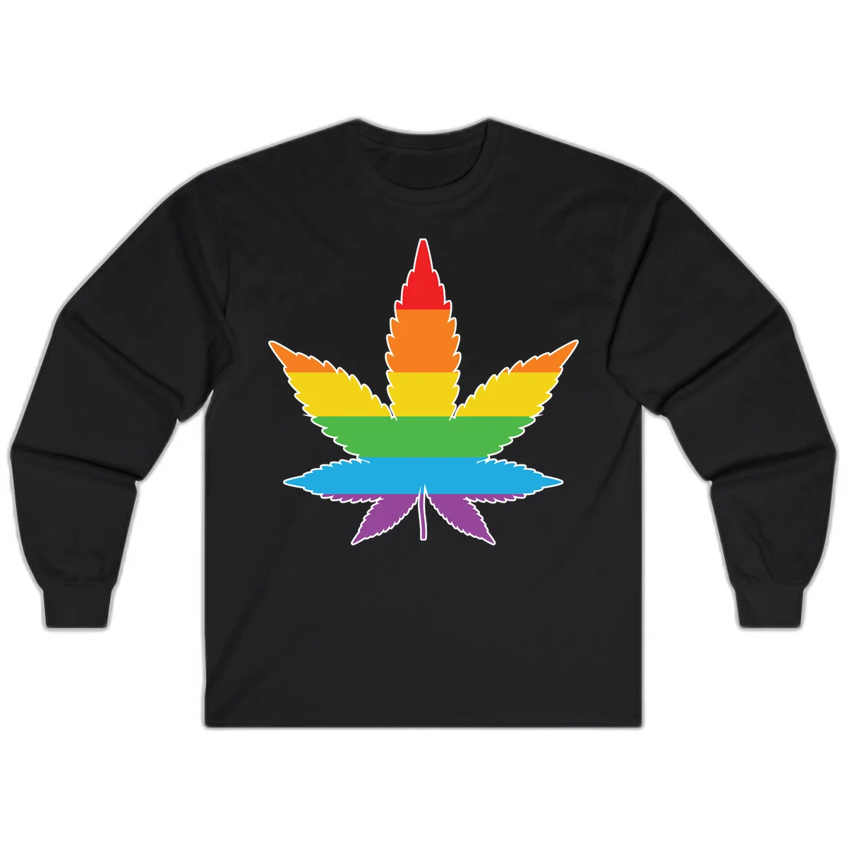 Rainbow-striped cannabis leaf with red, orange, yellow, green, blue, and purple horizontal bands and white outline in Black