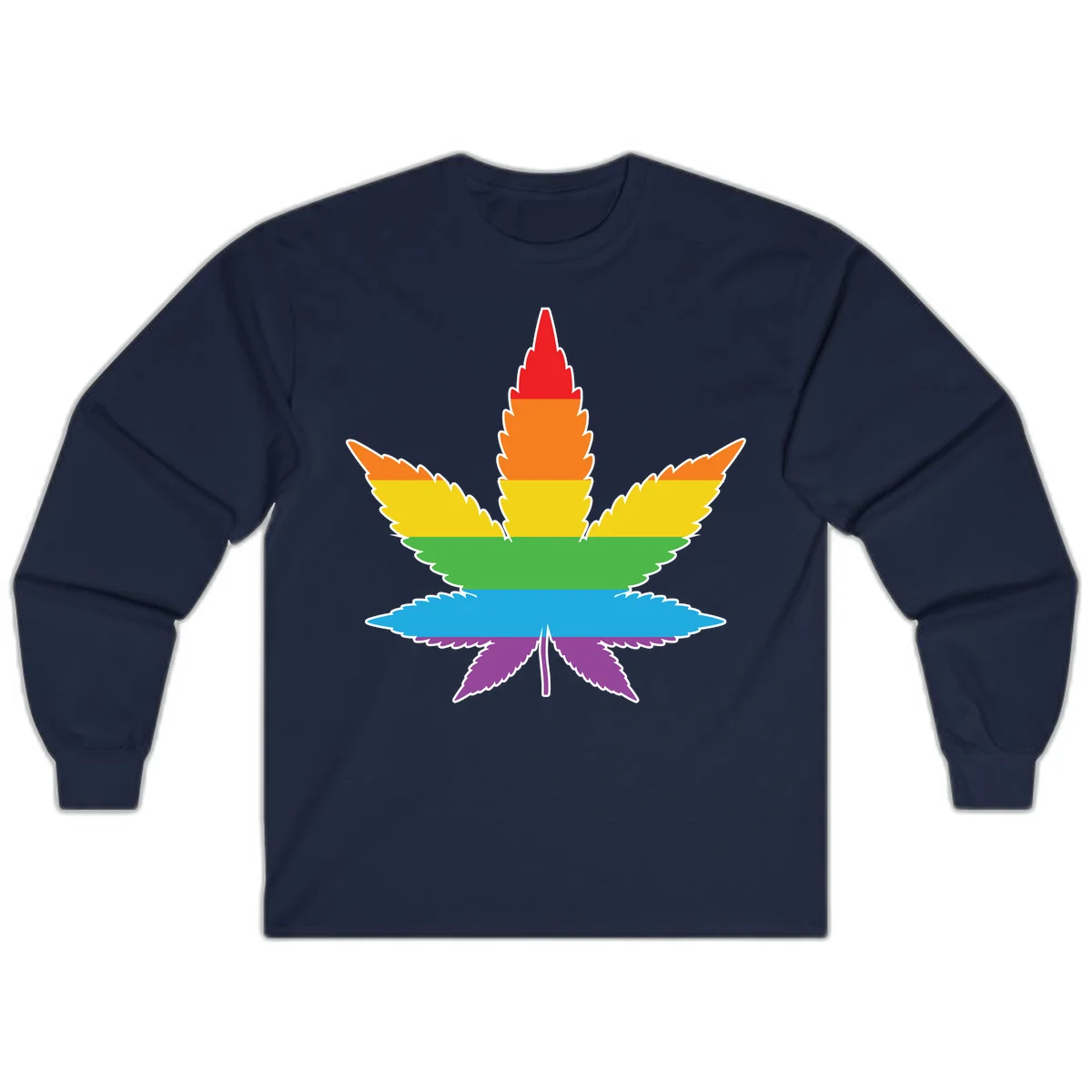 Rainbow-striped cannabis leaf with red, orange, yellow, green, blue, and purple horizontal bands and white outline in Navy