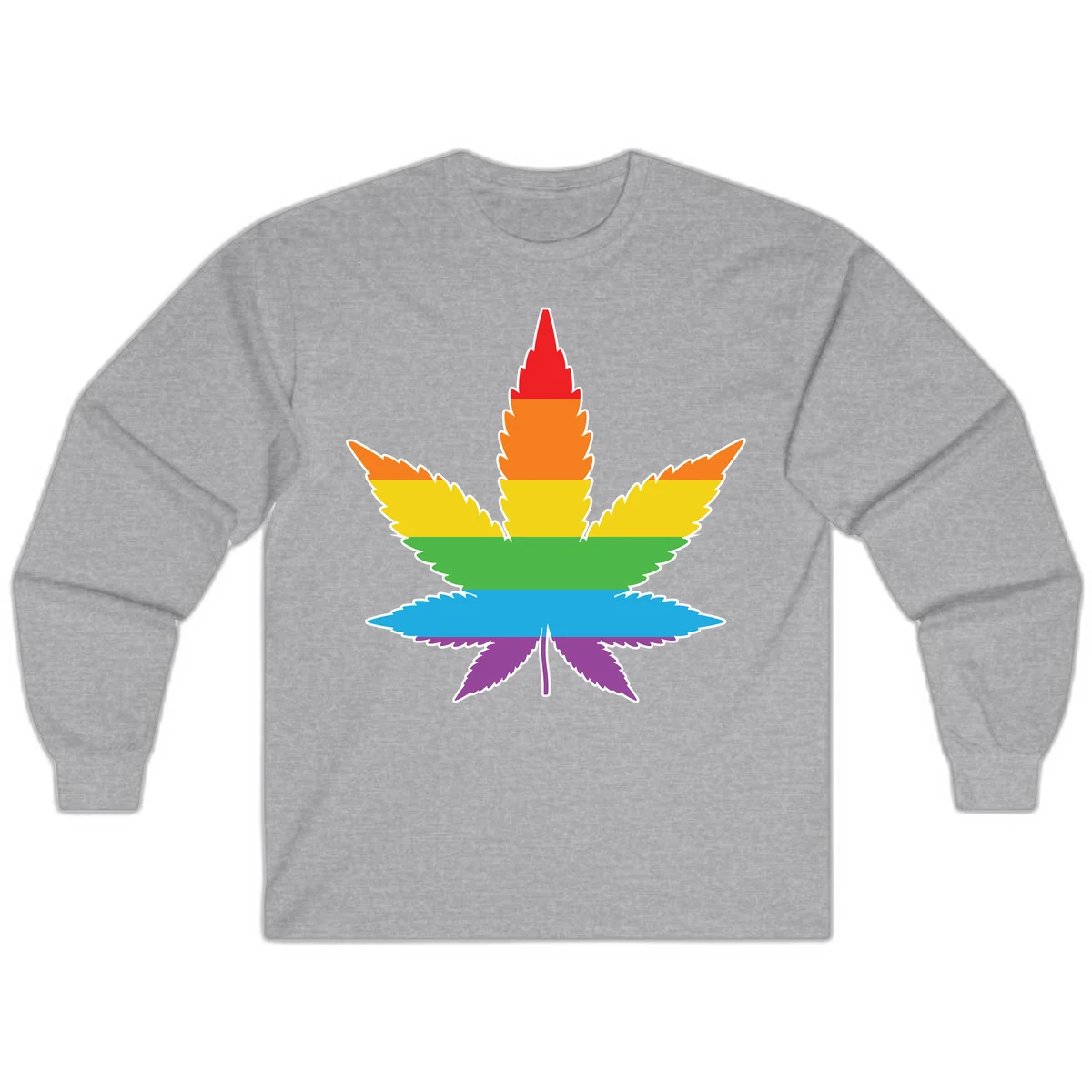 Rainbow-striped cannabis leaf with red, orange, yellow, green, blue, and purple horizontal bands and white outline in Sport Grey