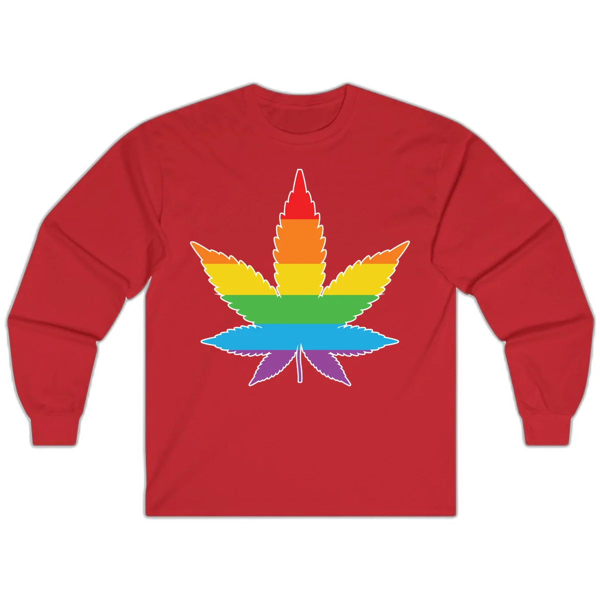 Rainbow-striped cannabis leaf with red, orange, yellow, green, blue, and purple horizontal bands and white outline in Red