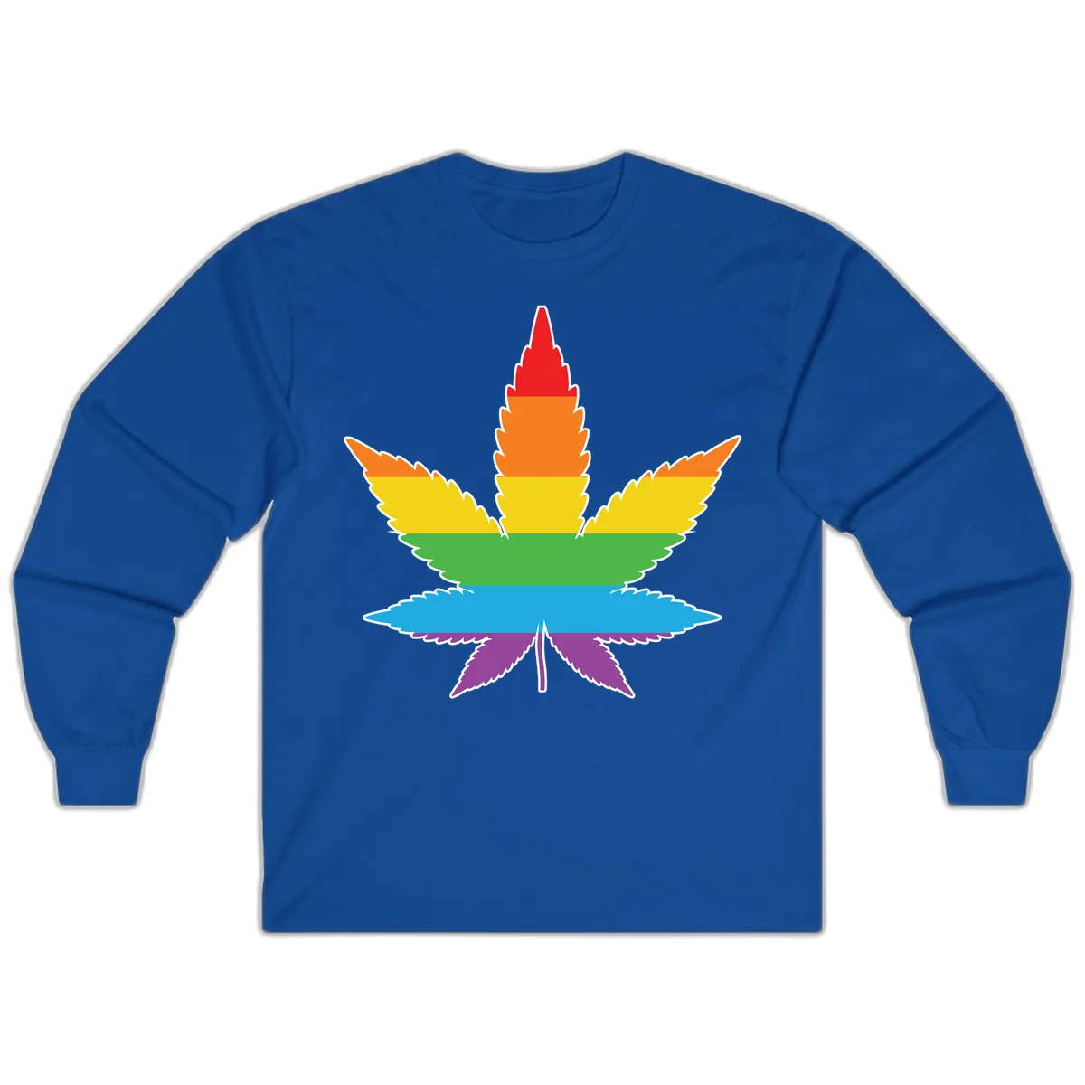 Rainbow-striped cannabis leaf with red, orange, yellow, green, blue, and purple horizontal bands and white outline in Royal
