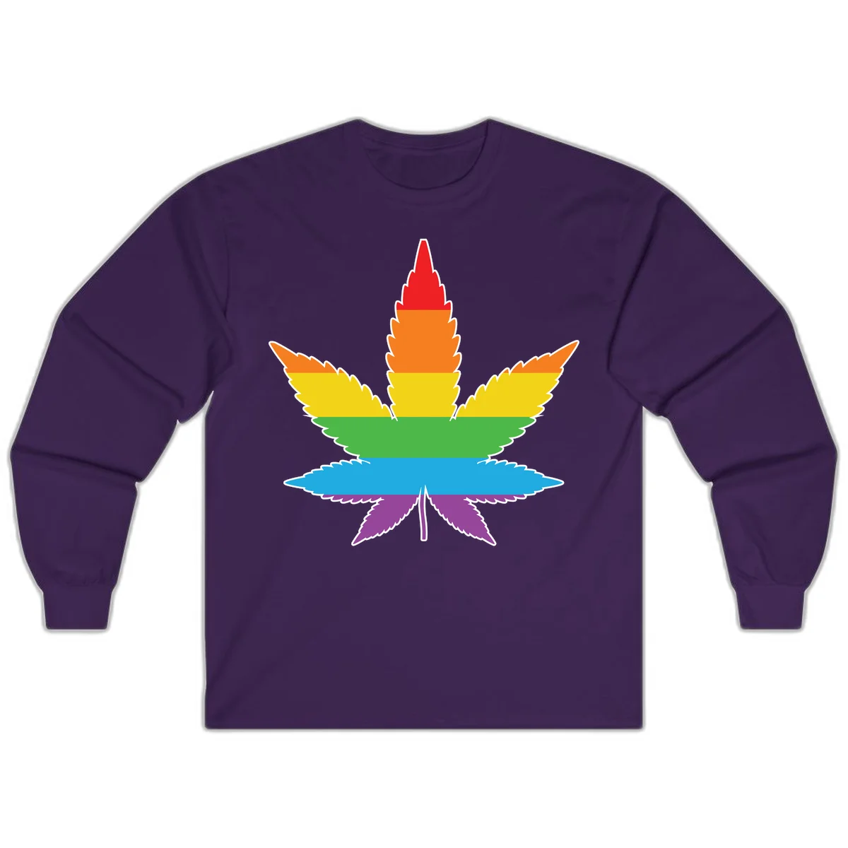 Rainbow-striped cannabis leaf with red, orange, yellow, green, blue, and purple horizontal bands and white outline in Purple
