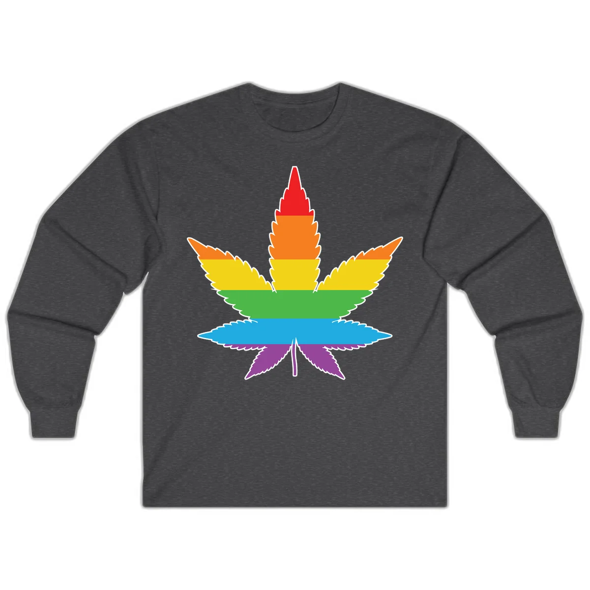 Rainbow-striped cannabis leaf with red, orange, yellow, green, blue, and purple horizontal bands and white outline in Dark Heather