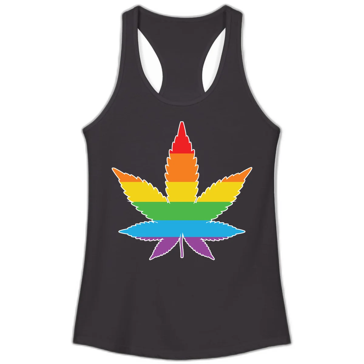 Rainbow-striped cannabis leaf with red, orange, yellow, green, blue, and purple horizontal bands and white outline in Black