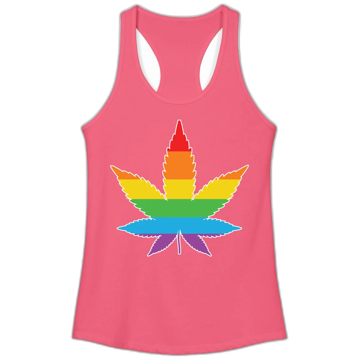 Rainbow-striped cannabis leaf with red, orange, yellow, green, blue, and purple horizontal bands and white outline in Hot Pink