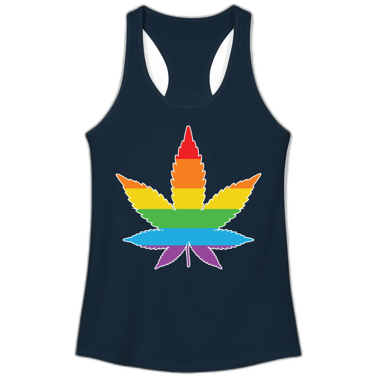 Rainbow-striped cannabis leaf with red, orange, yellow, green, blue, and purple horizontal bands and white outline in Solid Midnight Navy