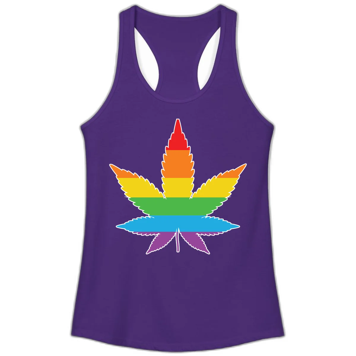 Rainbow-striped cannabis leaf with red, orange, yellow, green, blue, and purple horizontal bands and white outline in Solid Purple Rush