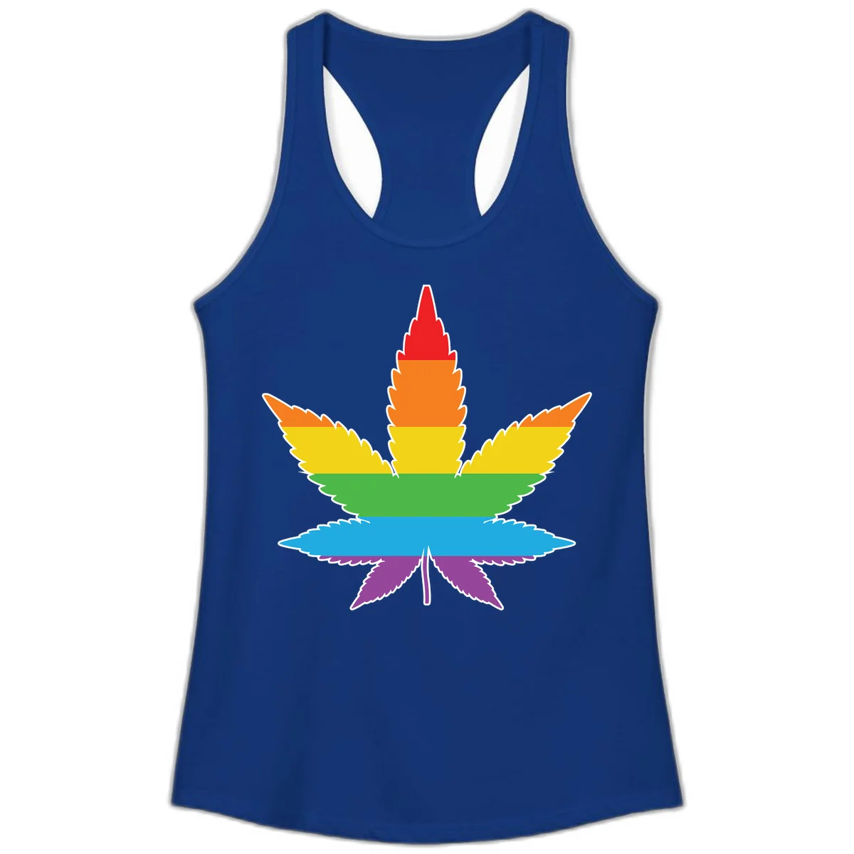 Rainbow-striped cannabis leaf with red, orange, yellow, green, blue, and purple horizontal bands and white outline in Solid Royal